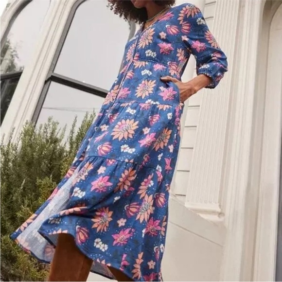 Marine Layer Willow Long Sleeve Midi Dress Batik Floral 100% Cotton Blue Small - Picture 3 of 11
